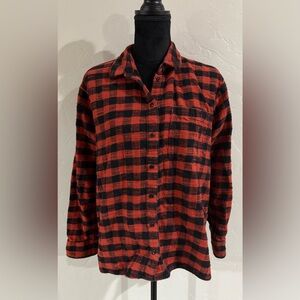 Woman’s Madewell Orange and Black 100% Cotten Plaid Shirt. Size Large